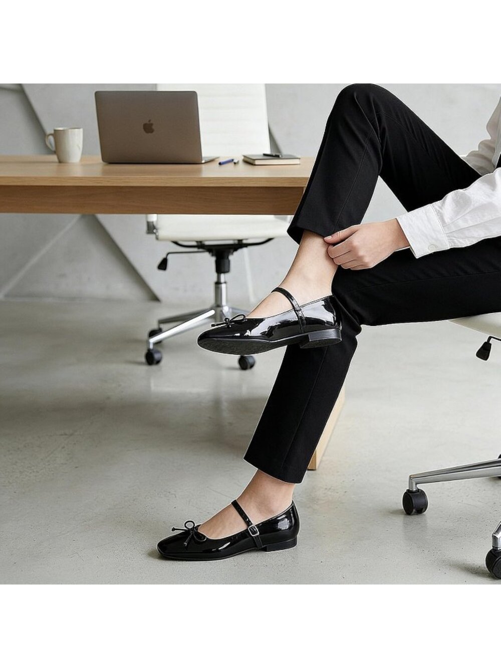 Women's Mary Jane Flats Square Black Toe Ballet Flats Shoes with Buckle Strap - Picture 2 of 6
